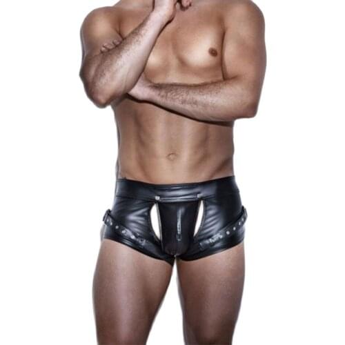 Sexy Men Punk Plus Size Wild PU Faux Leather Open Crotch Short Boxer Bandage Clubwear Jockstrap Fetish Gay Wear Erotic lingerie