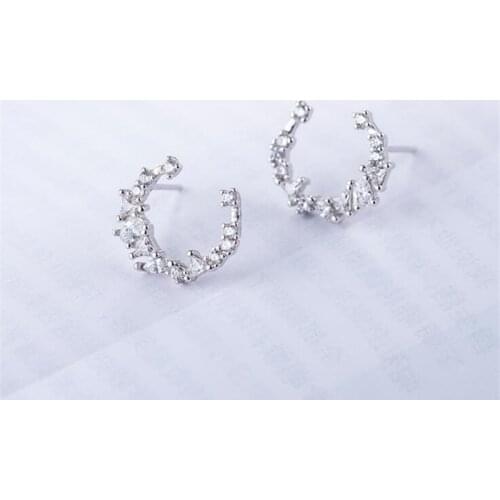 Real 925 Sterling Silver Stud Earrings Sweet Elegant Zircon Moon Earrings Fine Jewelry for Women Ladies Mujer Accessory SE090