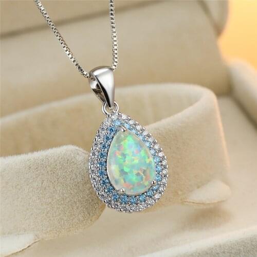 Blue Pink Crystal Small Stone Necklace White Fire Opal Water Drop Pendant Necklace Dainty Silver Color Chain Necklaces For Women