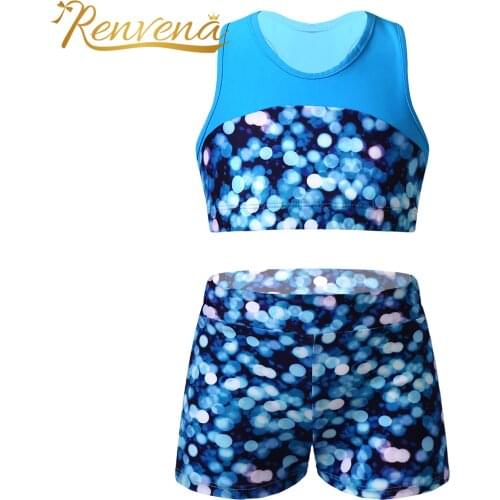 Kids Girls Printed Tracksuits 2Pcs Sport Suit Tank Crop Top & Shorts Sports Clothes Yoga Set Running Gym Exercise Outfits