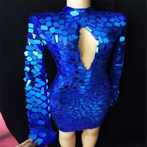 V40 Singer stage dance costumes model blue mirrors see through women dress sexy ds sequins mirror glass mesh skirt hand sewing