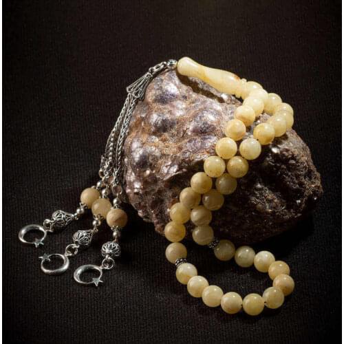 Honey Colored Amber Gemstone Prayer Rosary Men Sphere Rosary With Silver Tassel Turkish Tasbih With Moon Star Model Tassel