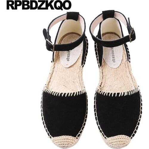 Suede hemp casual espadrilles sandals large size ankle strap genuine leather black women wide fit shoes ladies chinese flats