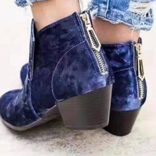 Women Autumn Winter Flannel Ankle Boots Zipper Pointed Square High Heel Solid Casual Purple Blue Booties