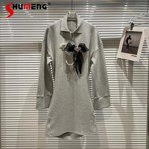 2021 Fall New Pearl Chain Flower Necklace Decoration Cotton Long Sleeve Dress Womens Fashion Solid A-line Above Knee Dress