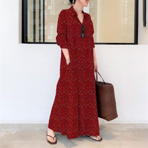 Womens Autumn Elegant Printed Shirt Sundress Casual Long Sleeve Maxi Vestido Plus Size Female Dress Lapel Button Shirt Robe
