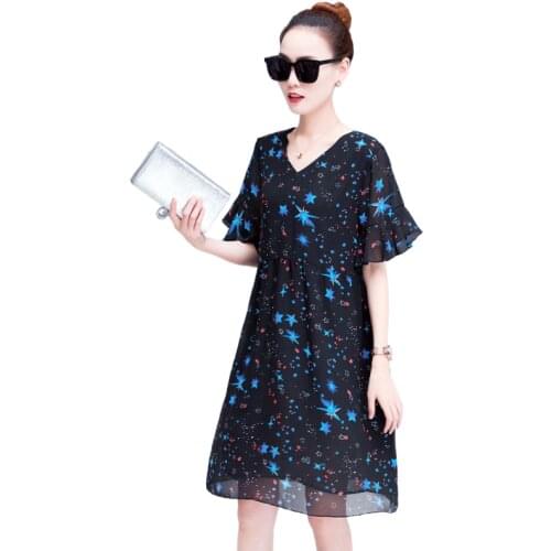 2021 Plus Size 4XL Womens Summer Dress New Floral Chiffon Dress Female Korean V-Neck Pullover Black Elegant Sundress Dresses