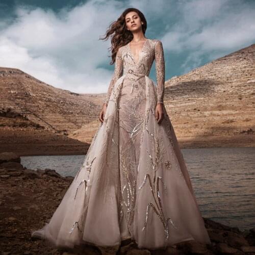 2021 New Overskirt Wedding Dresses with Detachable Train V Neck Long Sleeve Weddoing Gowns Beaded Sequined Vestidos De Novia