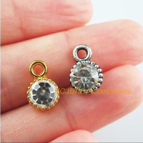 18Pcs Retro Gold Tibetan Silver Tone Round Clear Crystal Charms Pendants 8.5x13mm