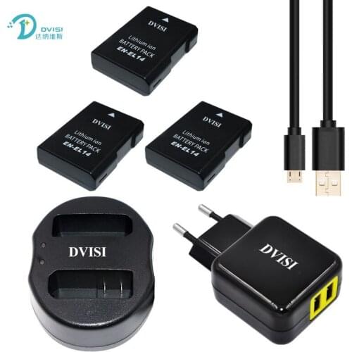 DVISI 3pcs EN-EL14 EN EL14 Camera Battery+USB Dual Charger EU/US AC Adapter for Nikon P7800 P7700 D5500 D5300 D5200 D3200 D3300