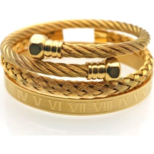 3pcs/set Royal Roman Bracelets & Bangles Hexagon Head Bangle Bracelet For Men Stainless Steel Mens Jewelry Pulseira