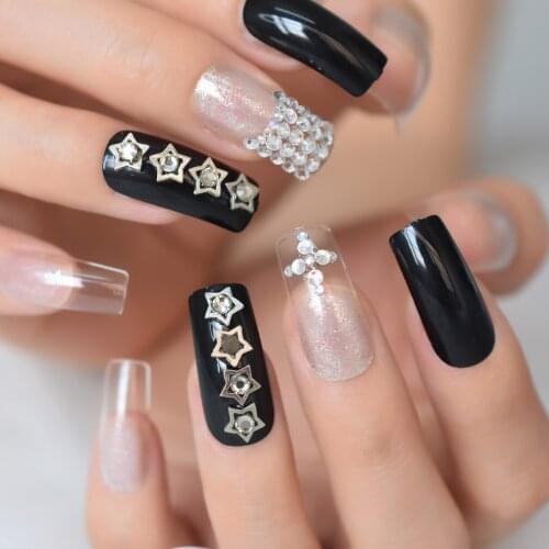 Avenue Of Stars Pre-Design Arrayed Flase Diamond Rhinestone With Glitter Nails Tips Coffin Nails Art Medium-Long Charm 24Pcs/Set