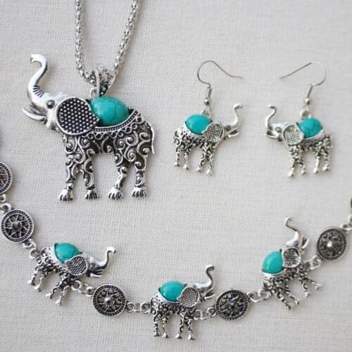 Turquoise Retro Elephant Jewelry Sets Pendant Earring Bracelet 925 Silver Necklace Fashion Charm Amulet for Men Women Gifts