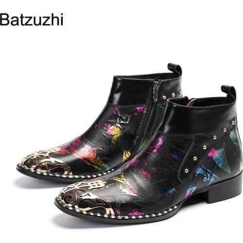 Batzuzhi 2021 100% New Brand Men Boots Black Color Genuine Leather Ankle Boots Men Zip Party and Wedding Botas Hombre, Big Size