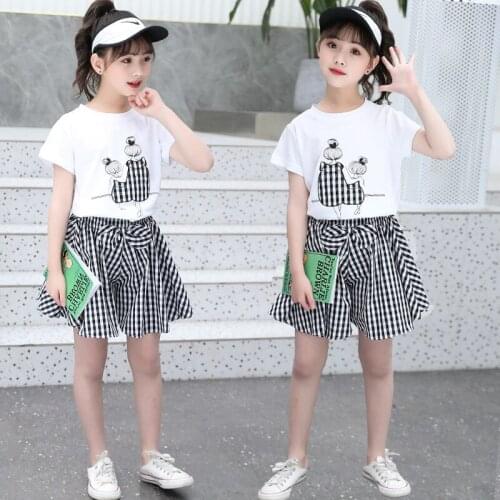 Children Summer Clothes Cartoons Pattern Girls Outfits Tshirt + Plaid bow Skirt Kids Girls Clothes Casual Style Tracksuits For C