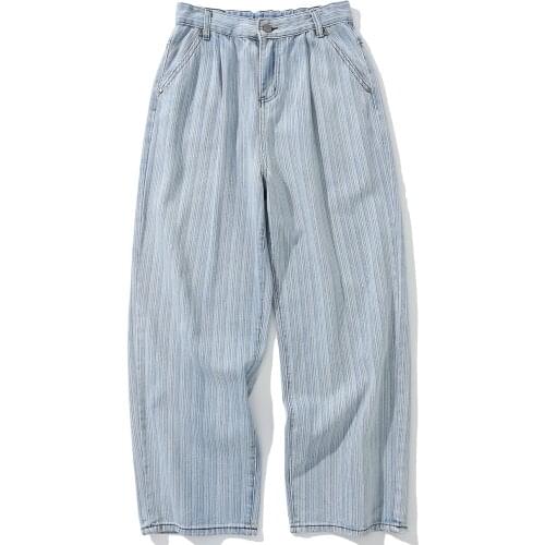 LACIBLE Harajuku Hip Hop Denim Pants Men Streetwear Street Vertical Stripes Multi Pockets Jeans Casual Pants Joggers Trousers
