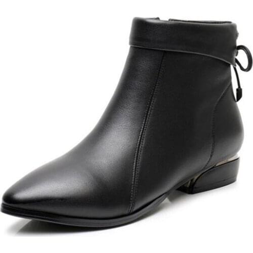 Elegance Temperament Pointed Top Cowhide Leather Boots Autumn Ankle Boots Plus Size Low Heel Shoe Fashion Warm Boots Women Boots