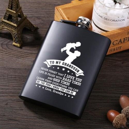 To my Grandson New Mini 8oz All black paint Whisky Flagon Laser 304 Stainless steel alcohol Funnel Flask