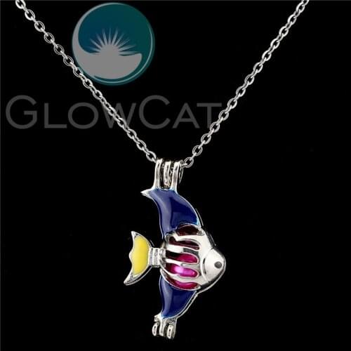 K1047 Colors Enamel Sea Fish Beads Pearl Cage Perfume Diffuser Pendants Locket Necklace Girl Gift