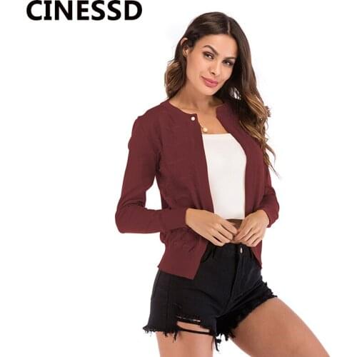 CINESSD Knitted Cardign Coat Women Solid O Neck Long Sleeve Pearl Button Hollow Out Casual Knitwear Jacket Burgundy Coat Sweater