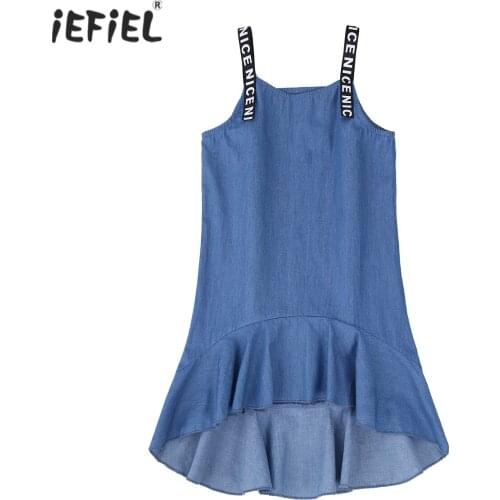 Kids Girls Summer Clothing Sleeveless Letter Print Shoulder Straps Solid Color Ruffle Denim Dress Children Princess Dresses