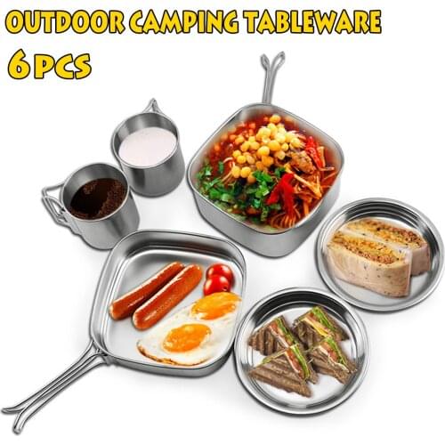 6pcs / Set Camping Cookware Set for Kitchen Cooking Picnic Backpacking Bowl Pot Pan Spoon Portable Frying Pan Hot Kitchen Tools