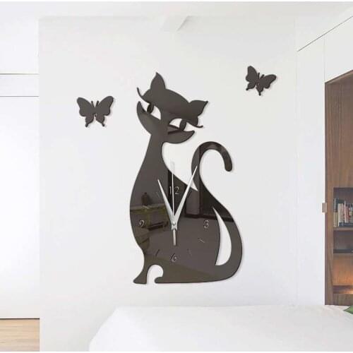 Wall Clock Cute Cat Butterfly Mirror Wall Clock Modern Design Home Decor Watch Wall Sticker