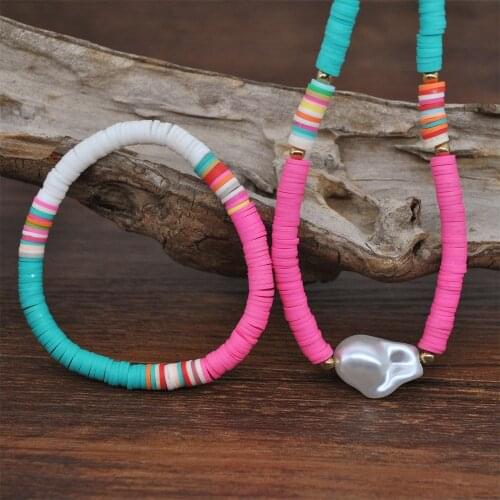 New Arrival Fashion Sweet Alien-pearl Choker Mix Color Multilayer Polymer Clay Necklace Bohemia Women Strand Beads Jewelry Set