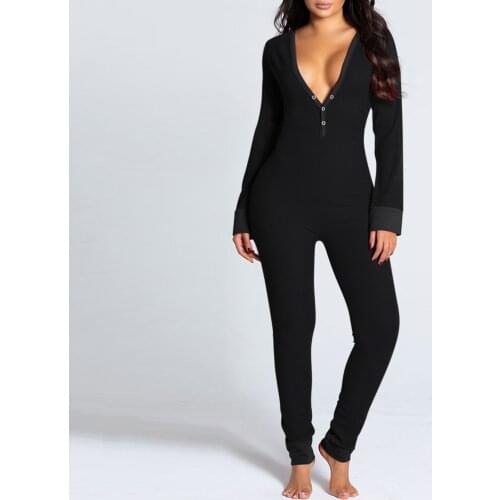 Sexy Women V-neck Onesies Button-down Front Functional Lace Buttoned Flap Pajamas Adults Sleepwear Jumpsuit Pyjama Sexy #T1G