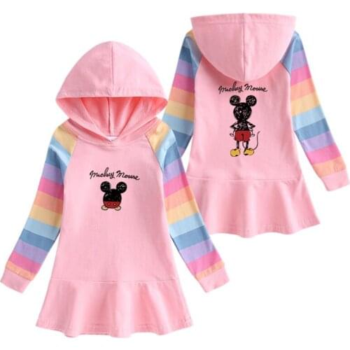 Mickey Mouse Pullover Dress Cartoon Rainbow Girls Dresses Childrens Long Sleeve Hooded Dress Disney Princess Clothing