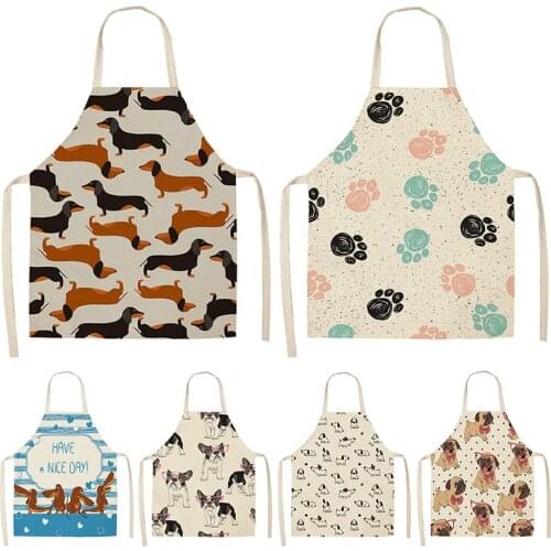 Bulldog Dachshund Pug Dog Printed Kitchen Apron for Woman Cotton Linen Bib Home Cooking Baking Cleaning Tool Man Kid Aprons
