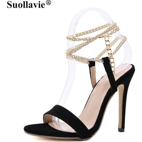 Suollavie 2021 Summer Womens Sandals Sexy Leisure Party Metal Decoratio Narrow Band Thin Heels Fashion Shoes For Women 35-42
