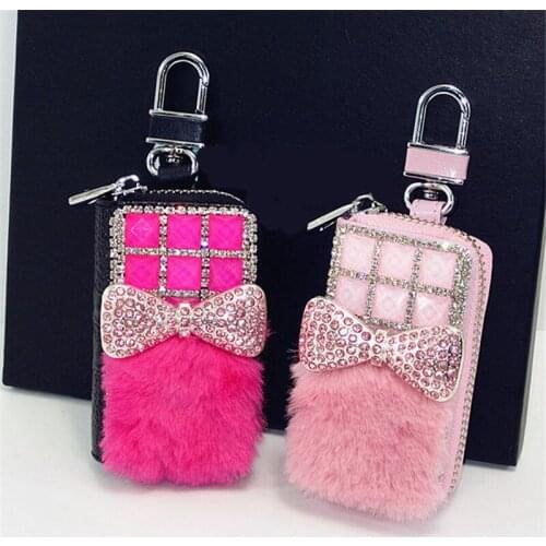 Diamonds Bow Pattern Car Key Bag for Women Genuine Leather Soft Fluff Female Car Key Purse With Metal Zipper 2019 New Arrival