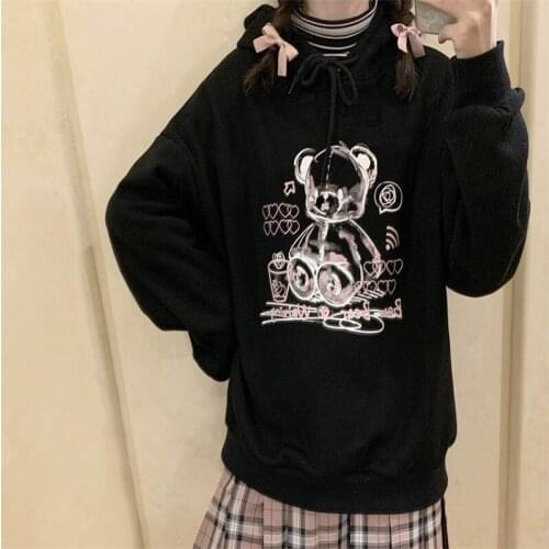 2021 New Japanese Graffiti College Womens Dark Transparent Bear Print Loose Street Sports Hoodie y2k Sweater Women