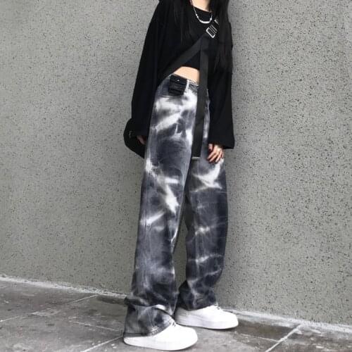 High Waist Black Tie Dye Jeans for Women 2021 Fashion Trends Gothic Clothing Teenage Girls Hip Hop Streetwear Baggy Denim Pants