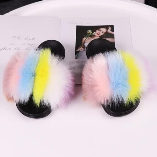2020 Women Furry Slippers Ladies Shoes Plush Fox Hair Fluffy Sandals Womens Fur Slippers Winter Warm Slippers Women TX210