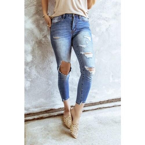 Women High Stretch Ankle-Length Slim Fit Denim Jeans Pants Washed Big Hole Ripped Jeans Demin Jeggings Ladies Skinny Trousers