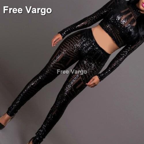 Holographic Burning Man Drag Queen Sexy Black Sequin Clubwear Two-piece Suit Women Party Dance DJ Showgirl Singer Wear Outfit