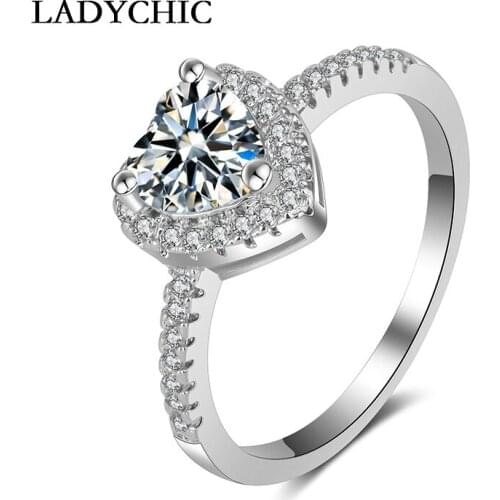 LADYCHIC Exquisite Silver Color Love Heart Shaped Ring for Women Paved Clear Heart Zircon Crystal Bridal Wedding Jewelry LR1029