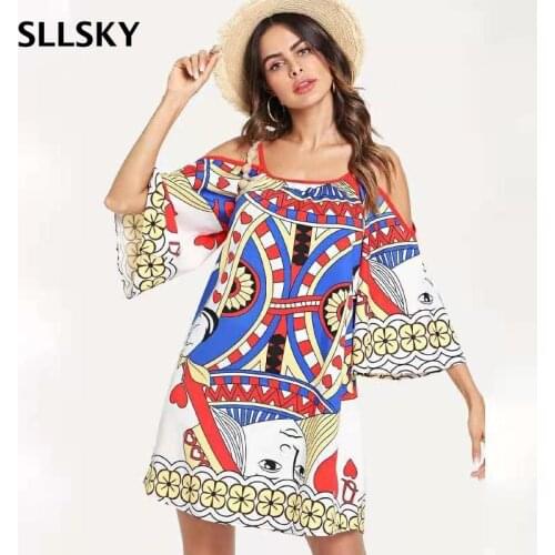 Sllsky Women Red Beach Strap Dress 2021 Summer New Round Neck Off The Shoulder Flared Sleeves Loose Waist Casual Female Dress
