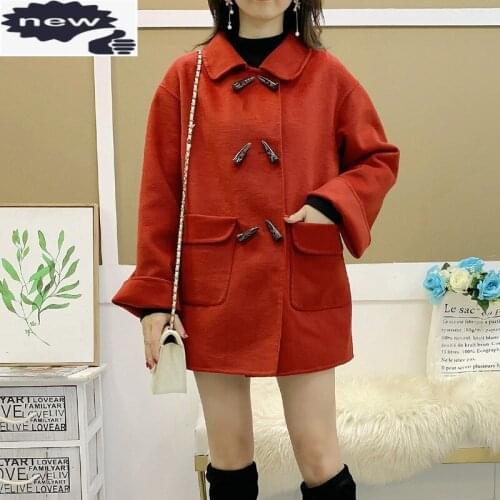 Winter Horn Button Women Elegant Long Sleeve High Waist Wool Coat Fashion Pocket Wine Red Office Lady Overcoat Outerwear
