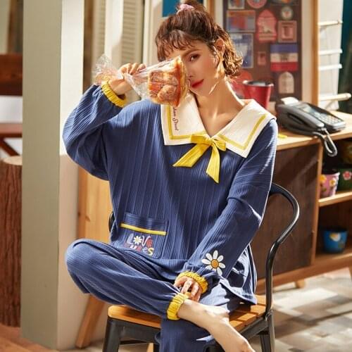 Winter Women Pajamas Set Sweet Girl College Style Yellow Bows Sleepwear Cotton Long Sleeve Homewear Cute Little Daisy Pajamas