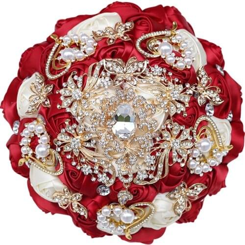 2021 Gold Diamond Bride And Bridesmaid Bouquets Pearl Rhinestone Ribbon DIY Bouquet Wine Red Wedding Church Decoration W796