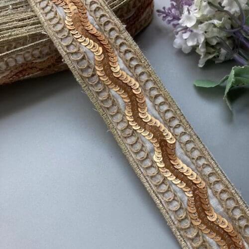 2 Yards Ethnic 37mm Gold Thread Sequins African Lace Trims Geometric Lace Ribbon DIY Sewing Dress Decoration Bridal Lace New Hot