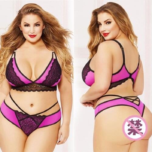 2020 Europe and the United States fat mm large lace splicing perspective sexy lingerie set deep V mesh plump sexy underwear