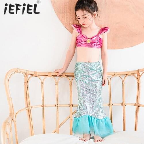 3Pcs/Set Girls Mermaid Swimwear Sleeveless Crop Tops Kids Swimsuit with Mermaid Tails Skirt Girls Beachwear Bathing Suit Set