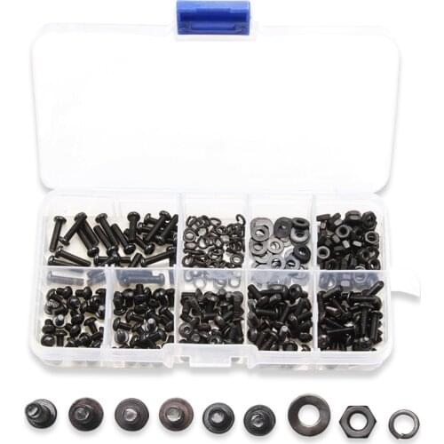 300PCS Black Round Head Hexagon Screw Bolts Nut Set +Flat Pad Washers Spring Washer Box Hardware Accessories Kit