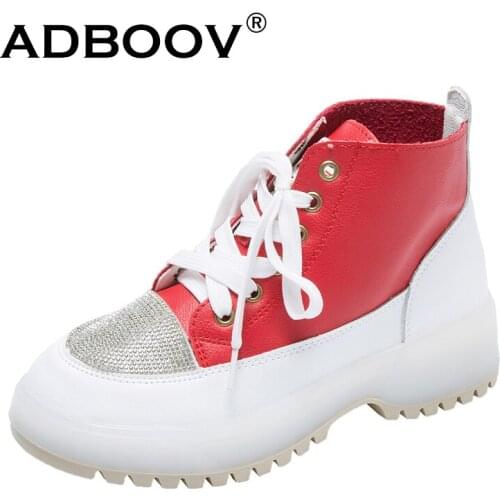 ADBOOV New Rhinestone Lace Up Ankle Boots Women PU Leather High Top Shoes Casual Shoes Woman Bota Feminina
