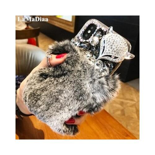 3D Luxury Bling Diamond Soft Fur Case Fox Head Phone Case For Samsung S20 Ultra S9 S8 S10 Plus Note 20 10 9 8 High Quality Cover