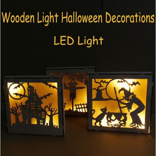 Halloween Wooden LED Lights Ornaments Pumpkin Ghost Witch 3D Carved Hanging Ornaments Home Living Room Halloween Decorations